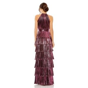 Mac Duggal HIGH NECK PLEATED TIERED RUFFLE METALLIC GOWN
